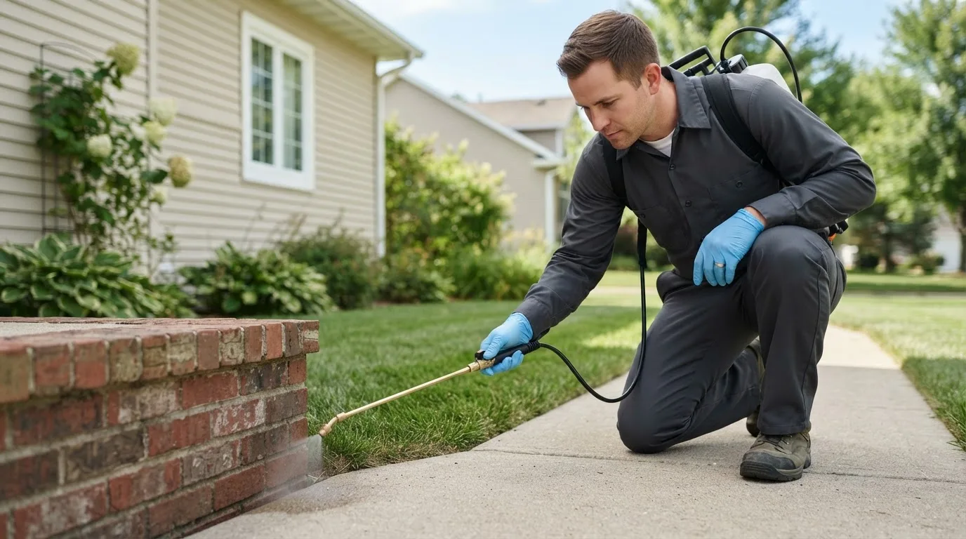 Pest control technician treating a home near Natrona Heights, PA
